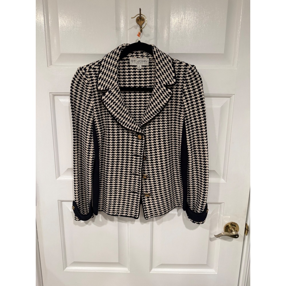 St. John Collection Black Cream Knit Blazer Jacket Gold Buttons Size 6